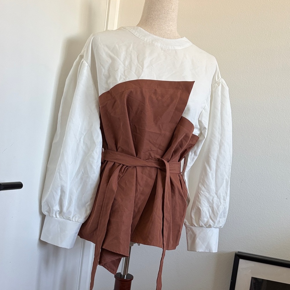 SHEIN White and Rust Tie-Waist Two-Tone Blazer